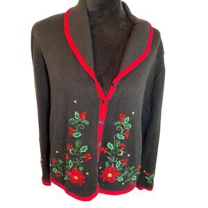 Vintage Holiday Cardigan Sweater With Embroidered Floral & Leaf Design Button-Up